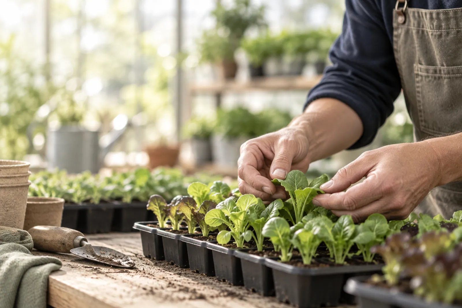 Illustrative scene for Hydroponic Farming businesses: Seedlings being checked in a greenhouse