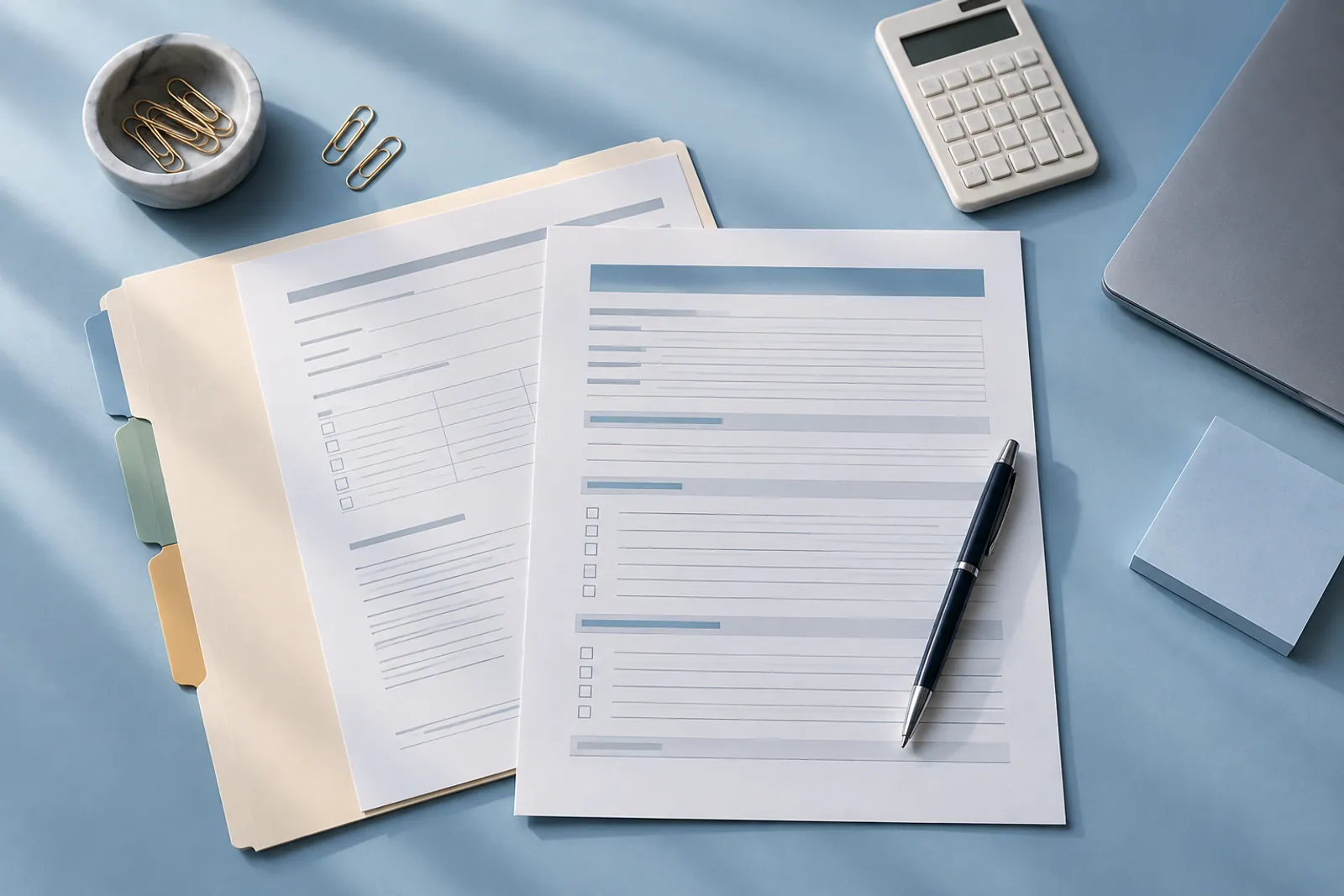 Illustrative merchant-application scene: An overhead view of folders, forms, a pen, and a calculator on a pale-blue work surface