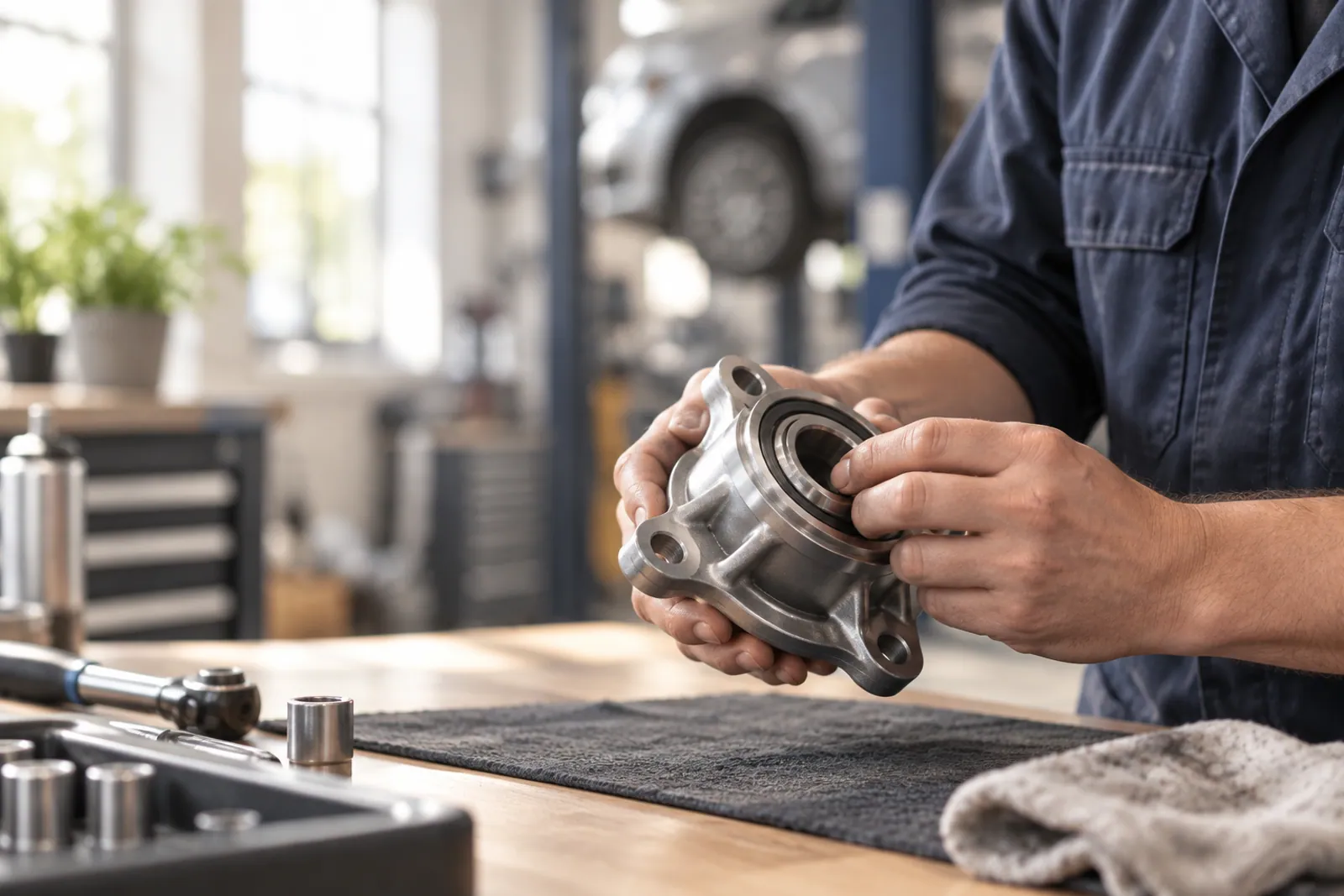 Illustrative scene for Auto Detailing businesses: An automotive part being inspected at a workshop bench