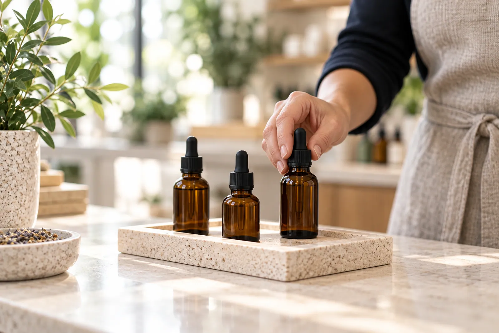 Illustrative scene: Amber botanical bottles being arranged on a retail counter