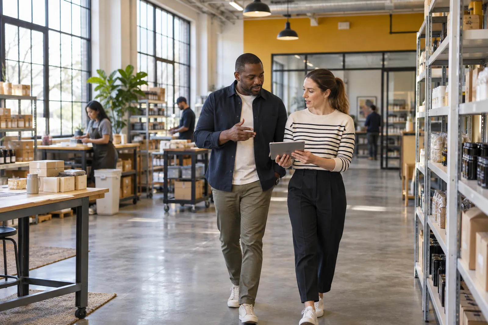 Illustrative scene: Two business founders discussing a tablet while walking through a stocked commercial workspace