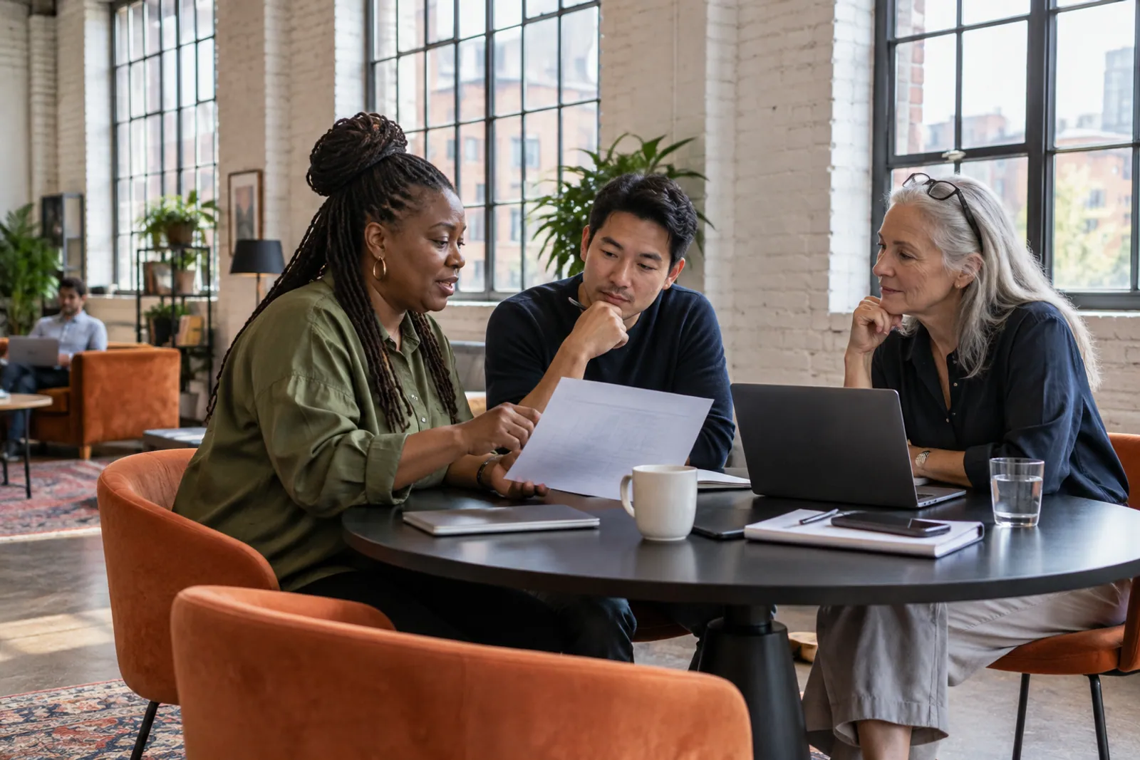Illustrative scene: Business professionals reviewing paperwork together in a meeting room