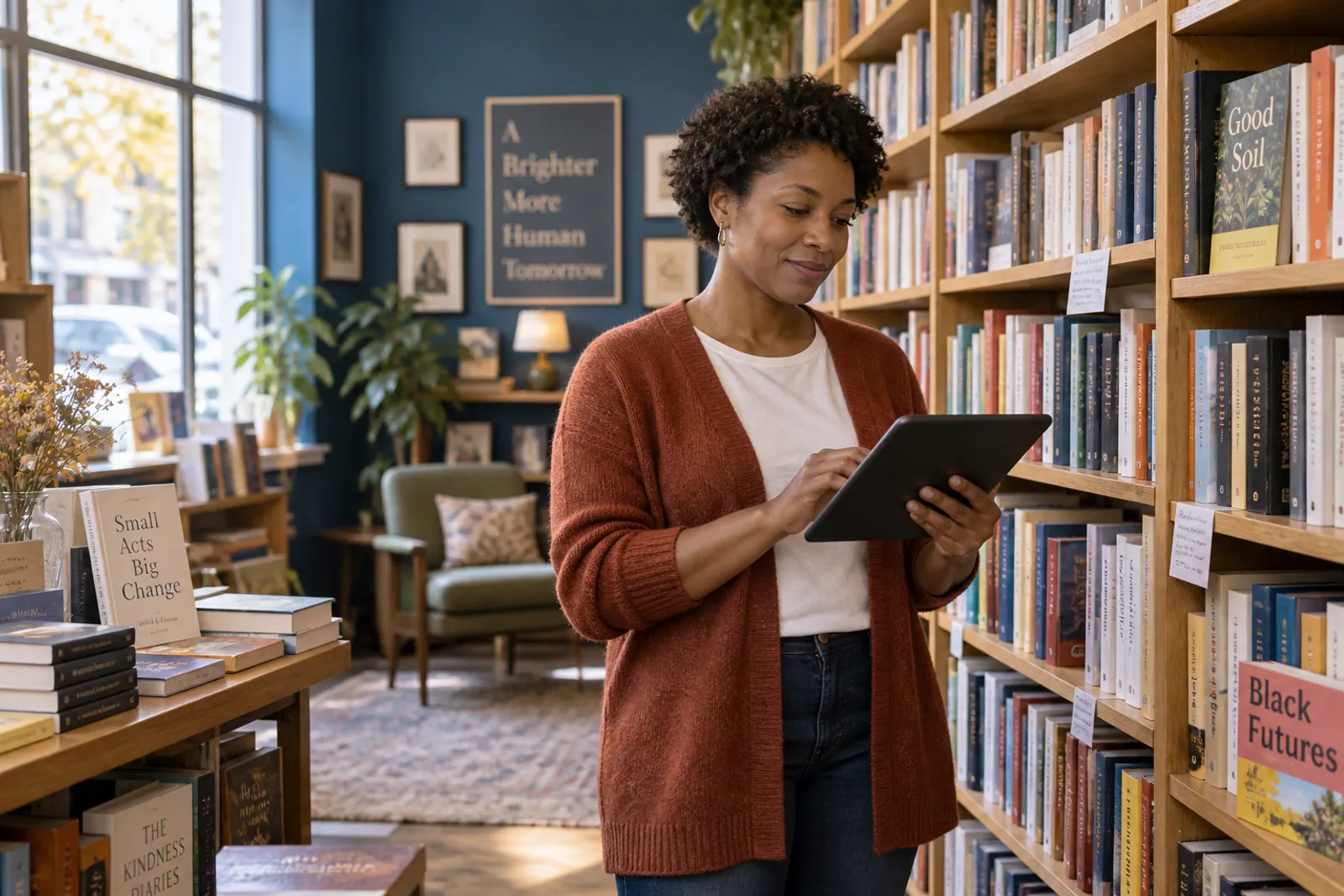 Illustrative scene: A woman using a tablet among the bookshelves of an independent bookshop