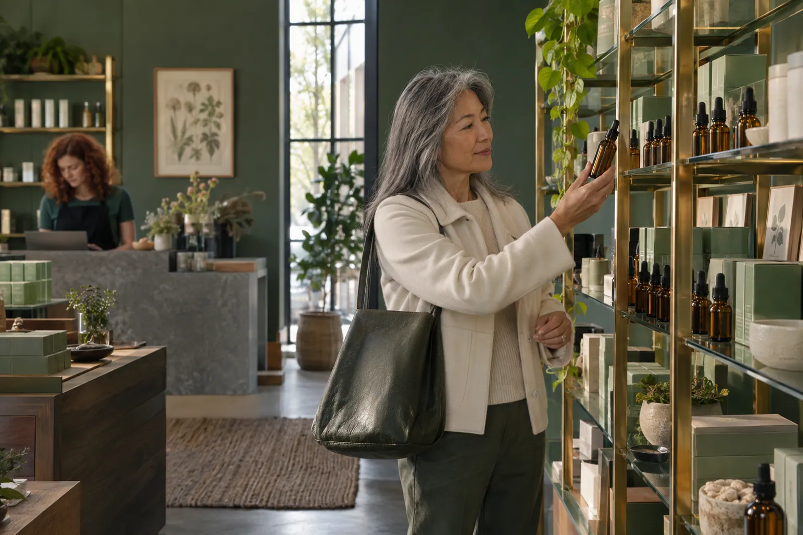 Illustrative scene: Botanical wellness products displayed on retail shelves
