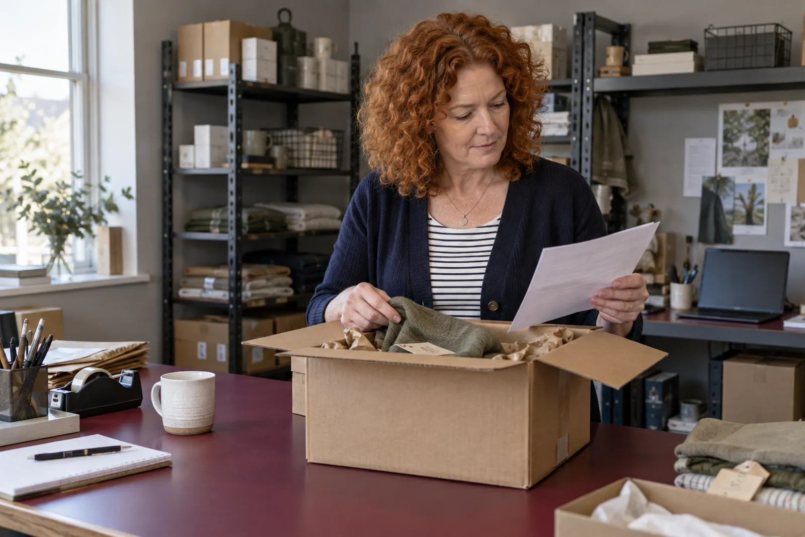Illustrative scene: A shopkeeper checking a returned parcel and packing slip in a retail back office