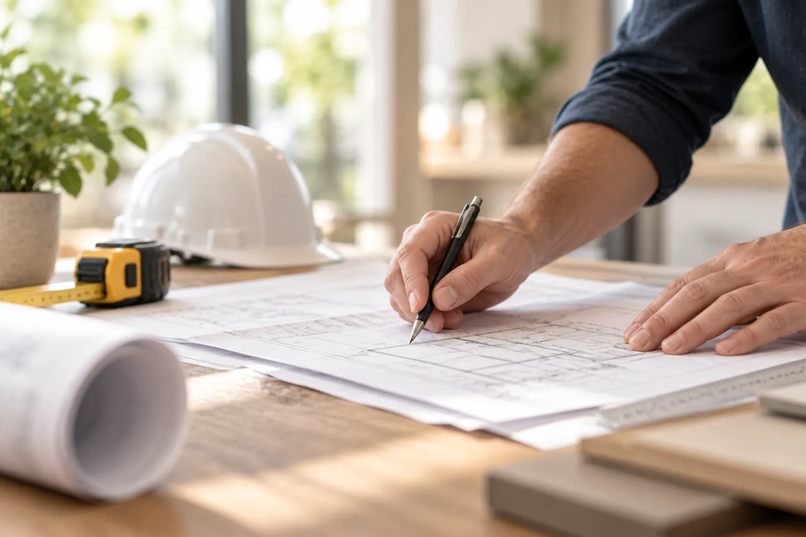 Illustrative scene for Carpentry Contractors businesses: Building plans being reviewed at a contractor's worktable