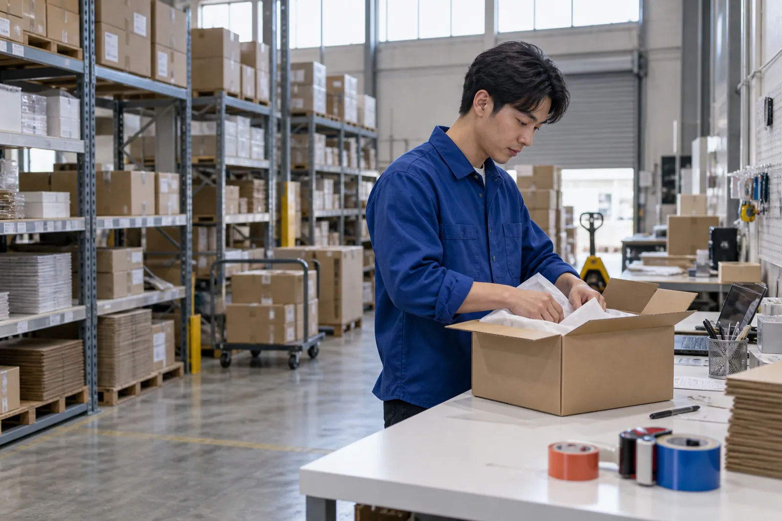 Illustrative scene: A man packing an order at a white workstation inside a fulfillment warehouse