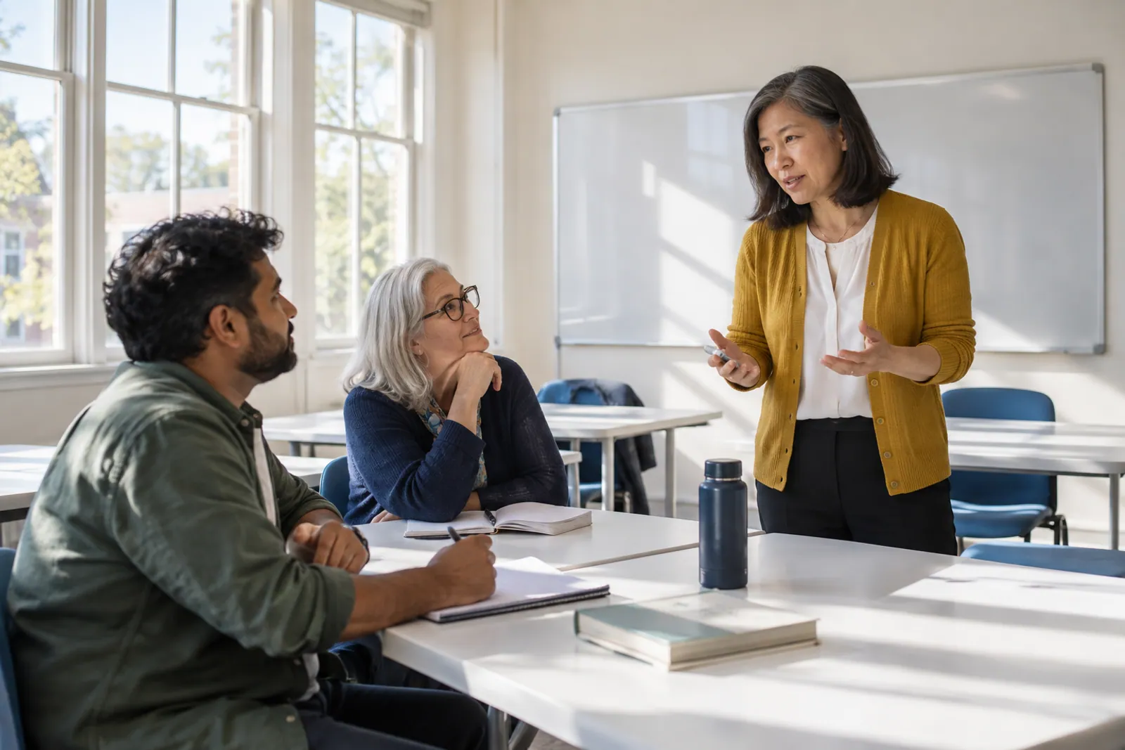 Illustrative scene for Art Classes businesses: An instructor working with two adult students in a sunlit classroom