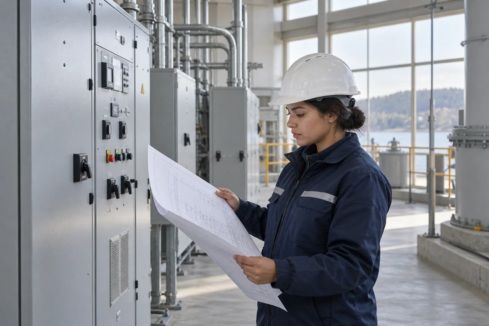 Illustrative scene for Clean Technology businesses: An engineer reviewing energy systems in an industrial control facility