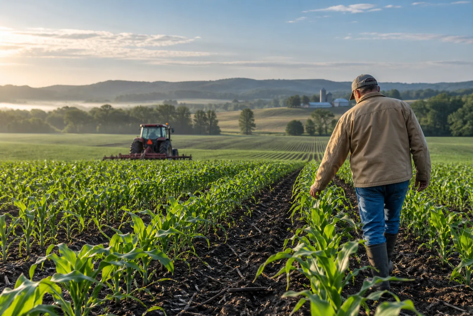 Illustrative scene for Grain Elevators businesses: Crop rows and a small tractor at an agricultural farm