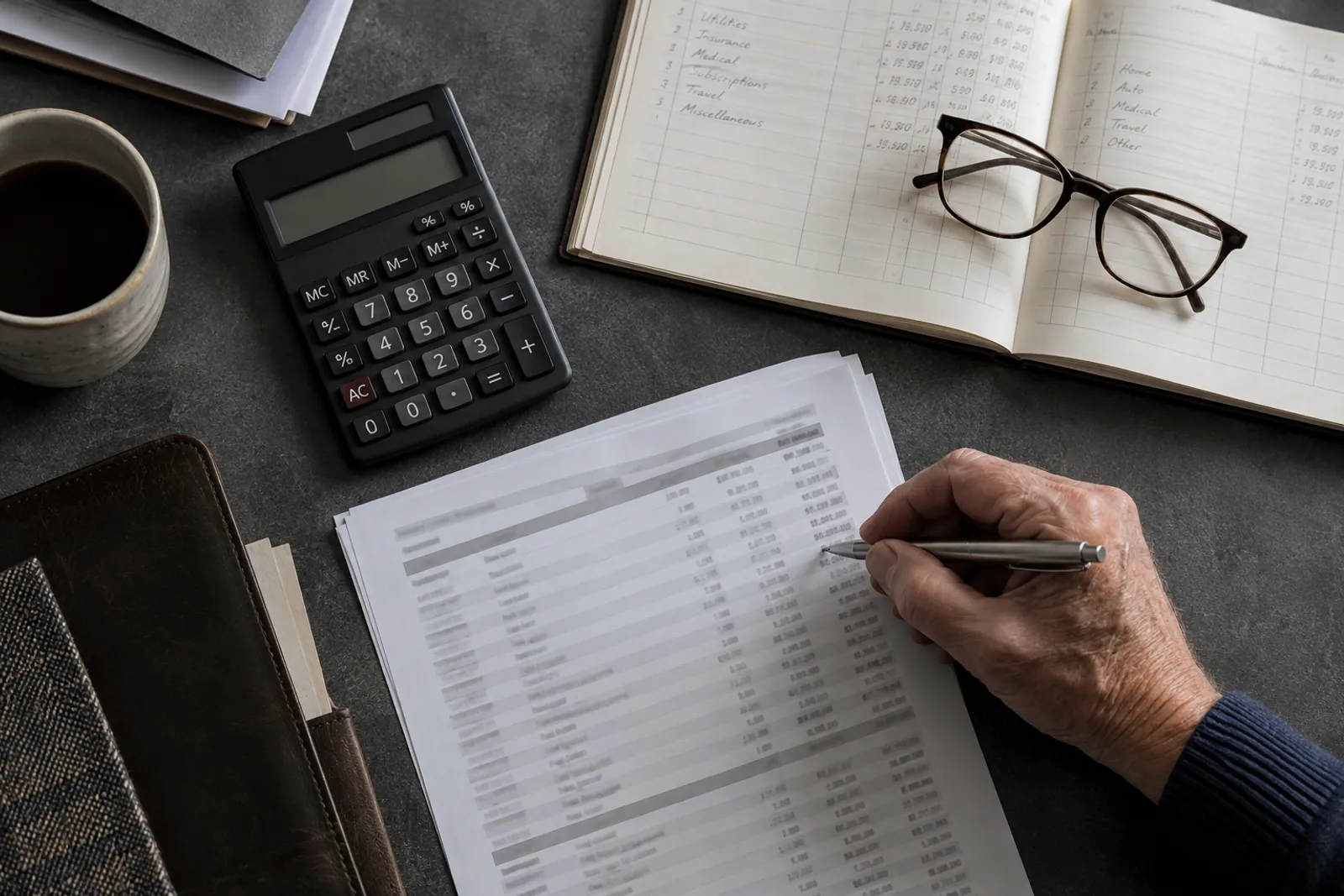 Illustrative scene: A hand marking a statement beside an open ledger, calculator, and reading glasses on a dark desk