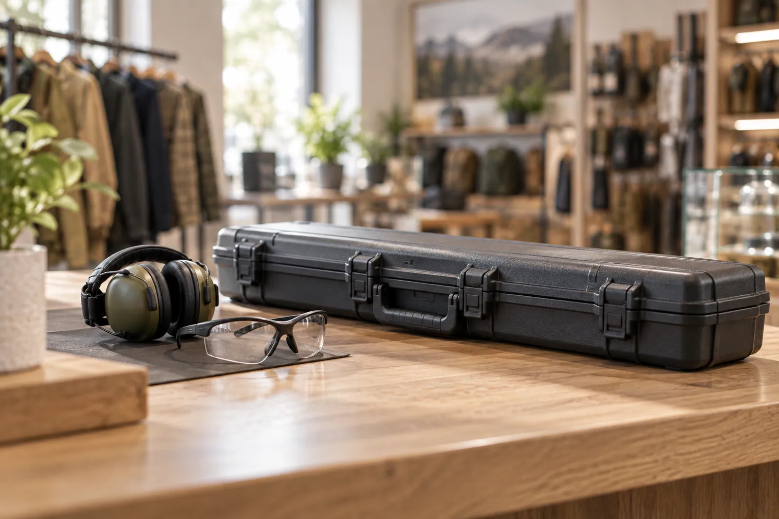 Illustrative scene: A closed sporting rifle case with hearing and eye protection in a shop