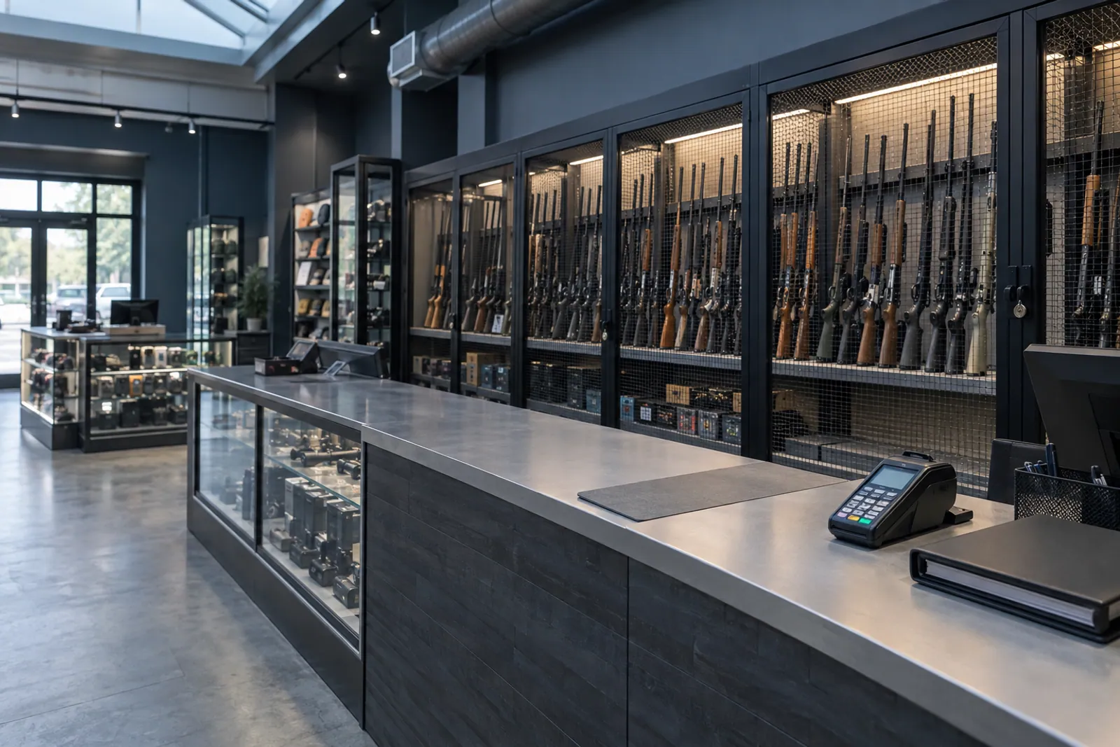Illustrative scene for Gunsmithing Services businesses: A secured sporting-firearms display and payment counter in an independent urban shop