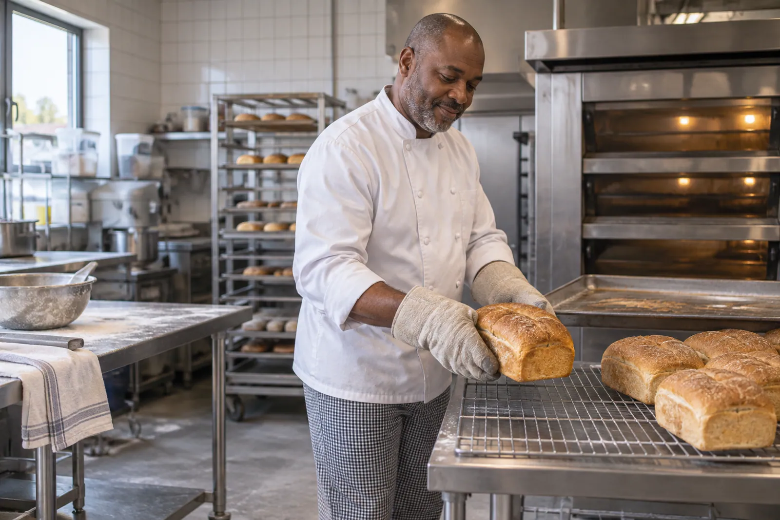Illustrative scene for Bakeries businesses: Baked goods being prepared in a commercial bakery