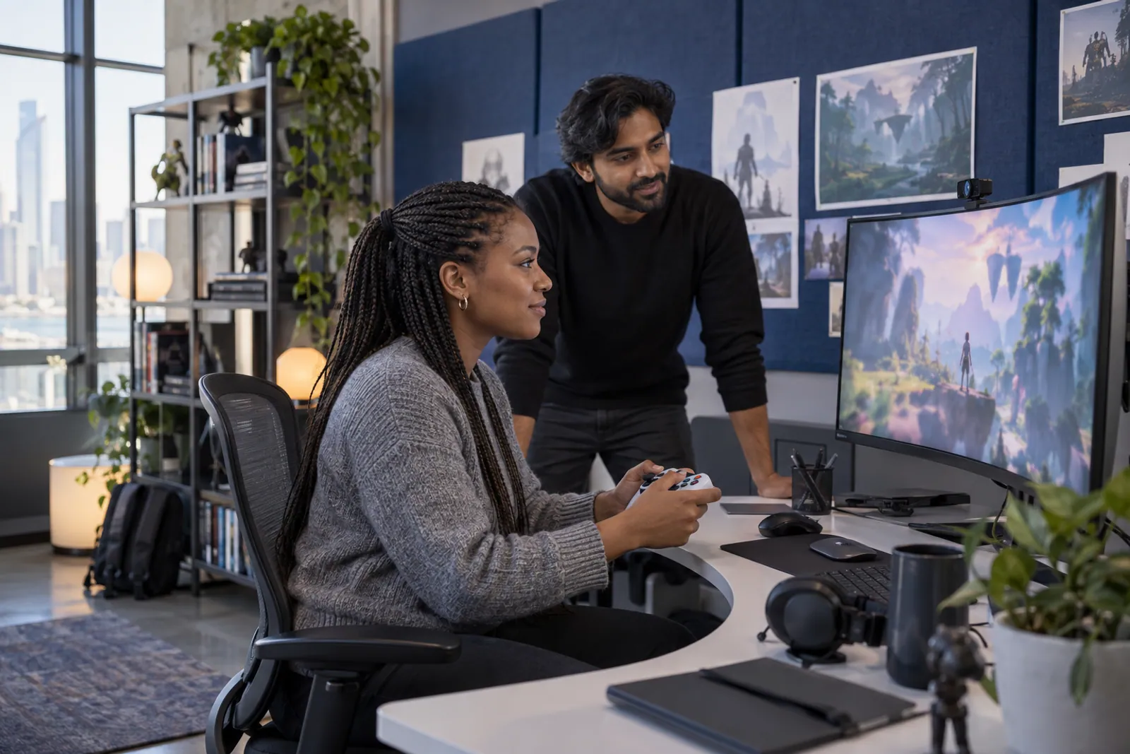 Illustrative scene: A game developer testing an interactive game in a development studio