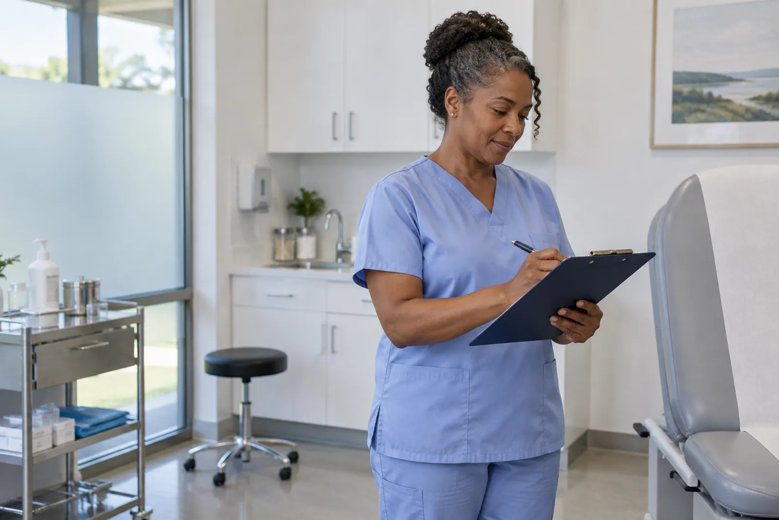 Illustrative scene for Chiropractic Services businesses: A clinician holding a clipboard beside an examination chair in a consultation room