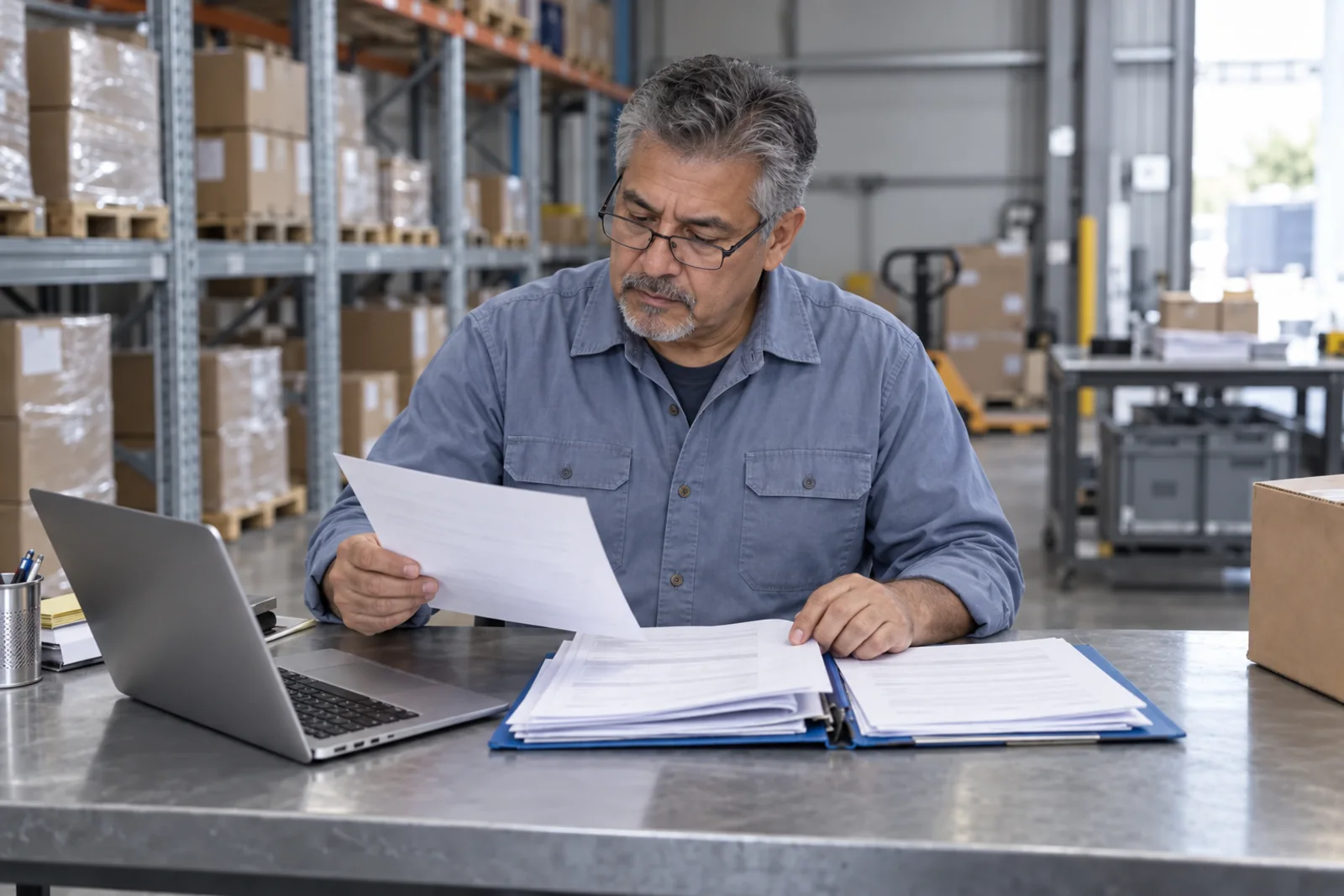 Illustrative scene: A warehouse operator organizing application documents at a metal workbench