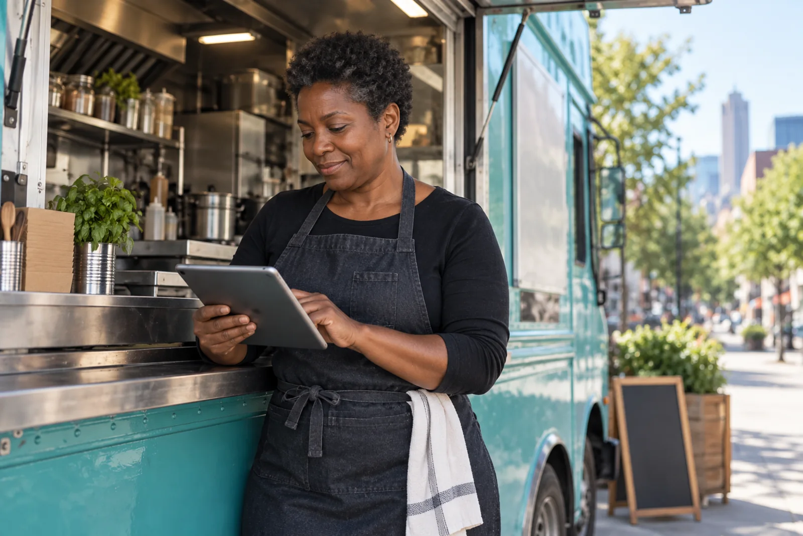 Illustrative scene: A food-truck owner entering business details on a tablet at a curbside service window