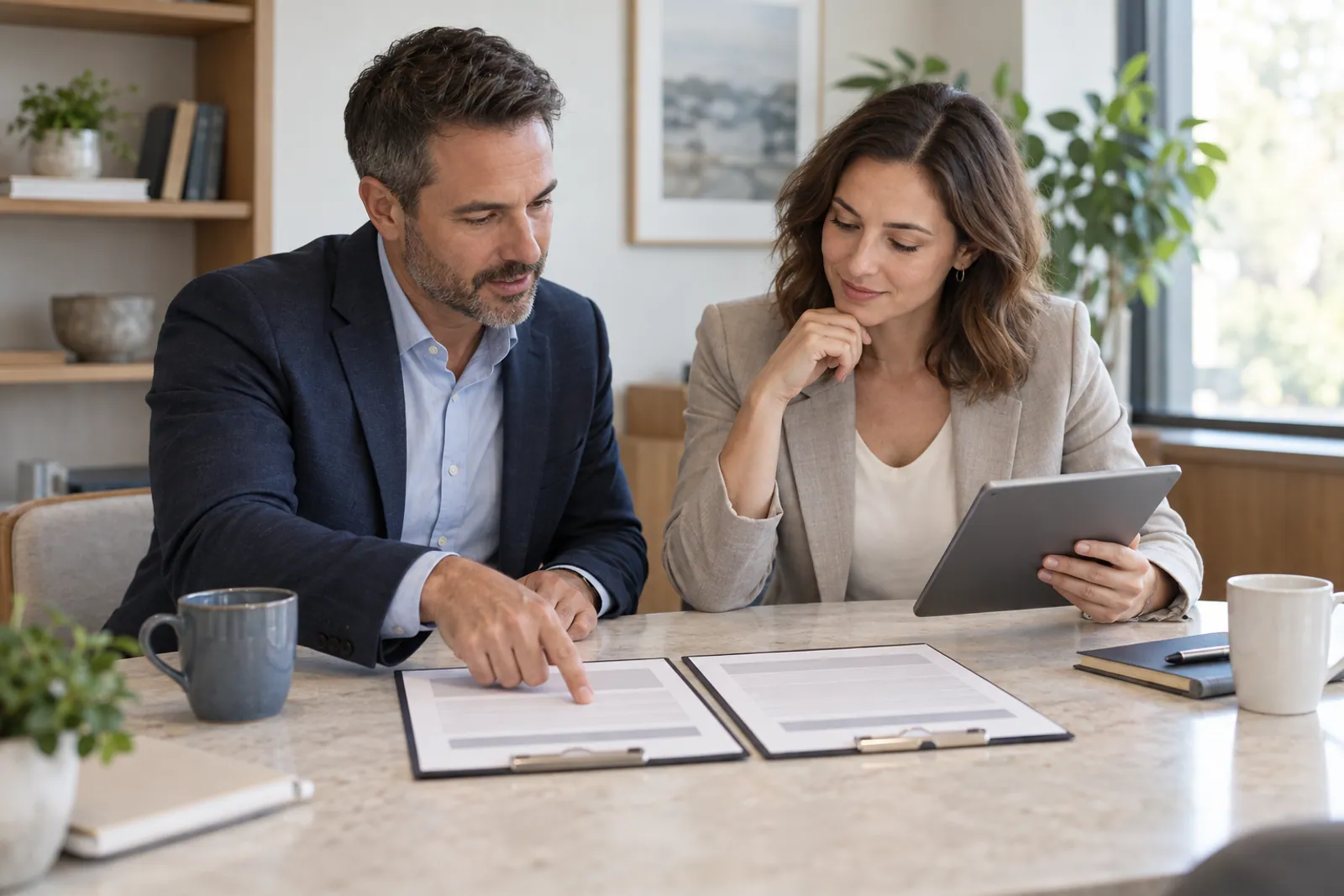 Illustrative scene: Two professionals comparing payment-processing proposals at a pale stone table