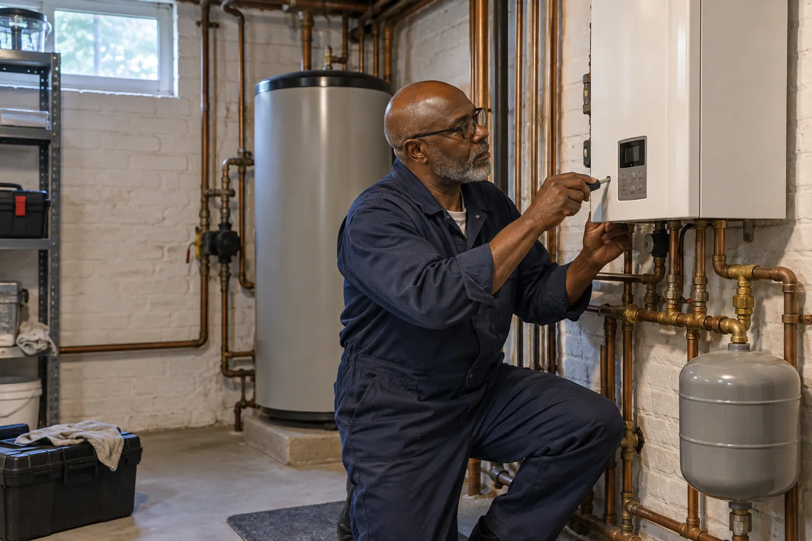 Illustrative scene for Electrical Services businesses: A utility-service technician inspecting a wall-mounted unit