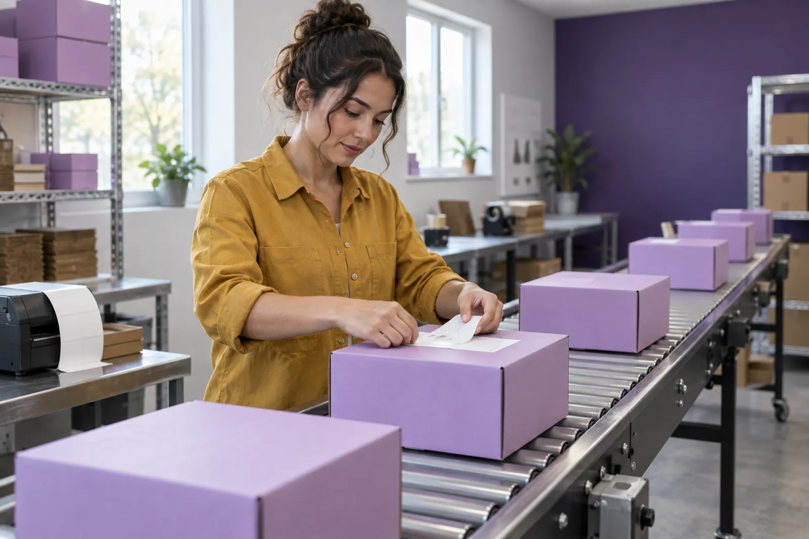 Illustrative scene: A worker preparing matching subscription boxes in a fulfillment room