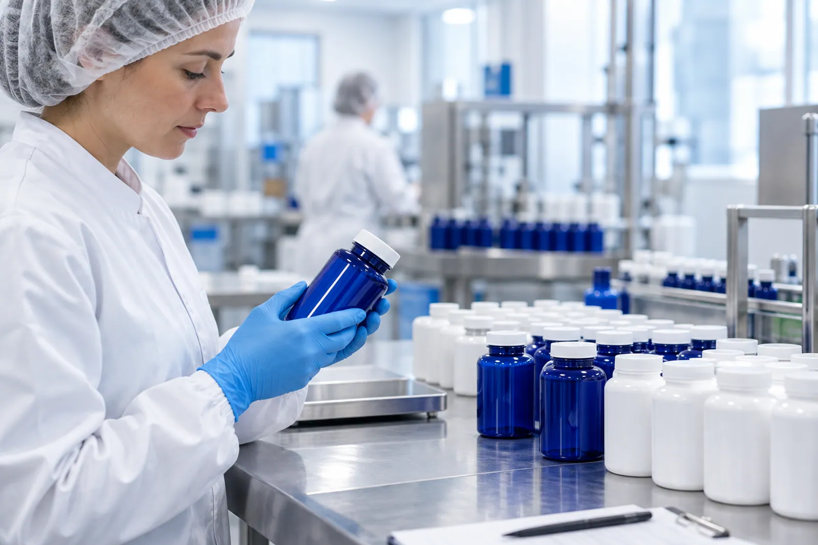 Illustrative scene: A worker checking unbranded supplement containers in a clean packing room