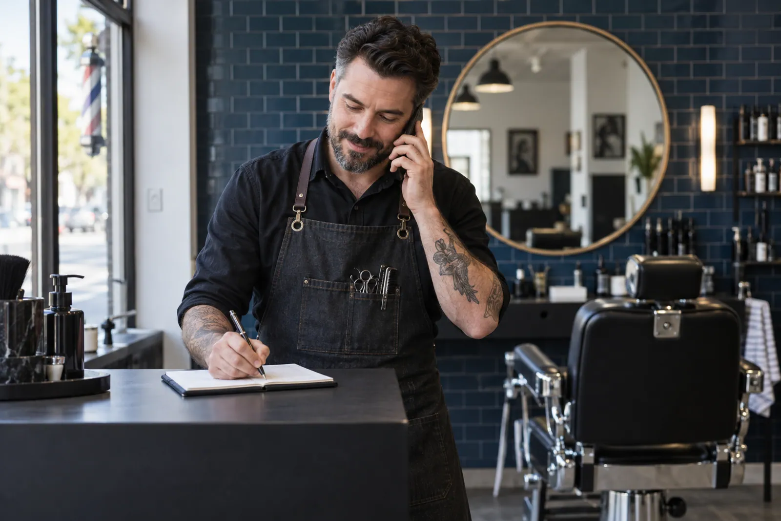 Illustrative scene: A barbershop owner speaking by phone while taking a note at the counter