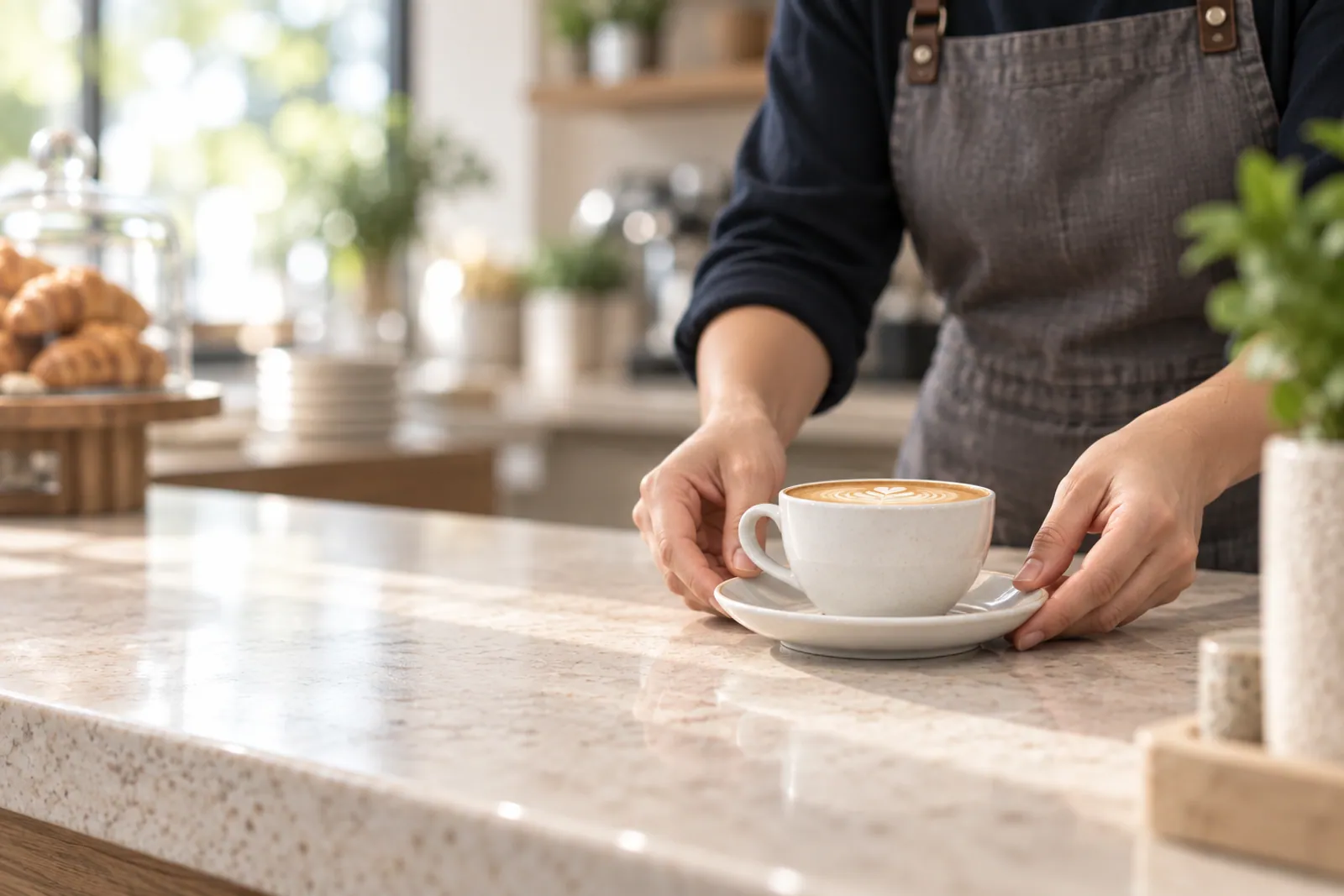 Illustrative scene for Coffee Roasters businesses: A ceramic coffee cup being placed on a cafe counter