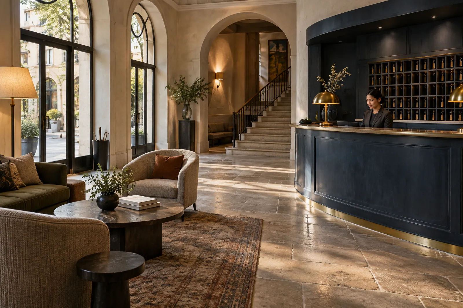 Illustrative scene for Bed & Breakfasts businesses: A hotel receptionist behind a dark reception desk in a sunlit lobby