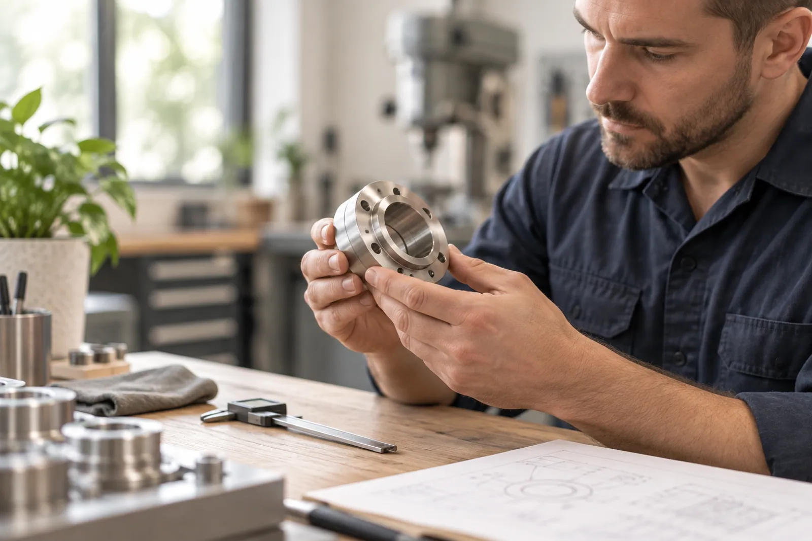 Illustrative scene for Machine Shops businesses: A precision component being inspected at an industrial workbench