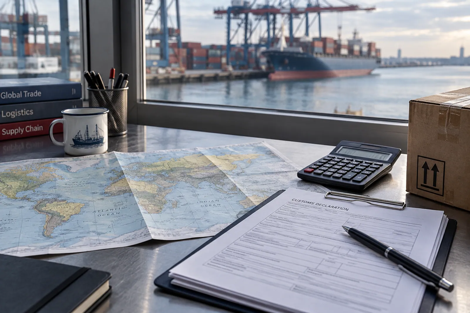 Illustrative scene: A map, shipping paperwork, calculator, and parcel on a logistics-office work surface overlooking a port