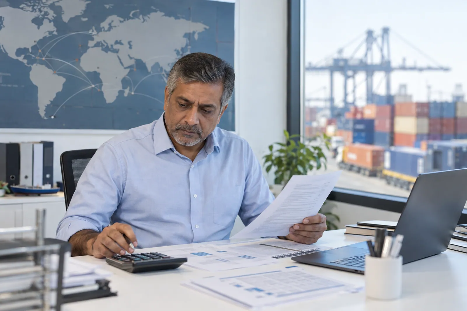 Illustrative scene: A finance professional reviewing paperwork at a desk