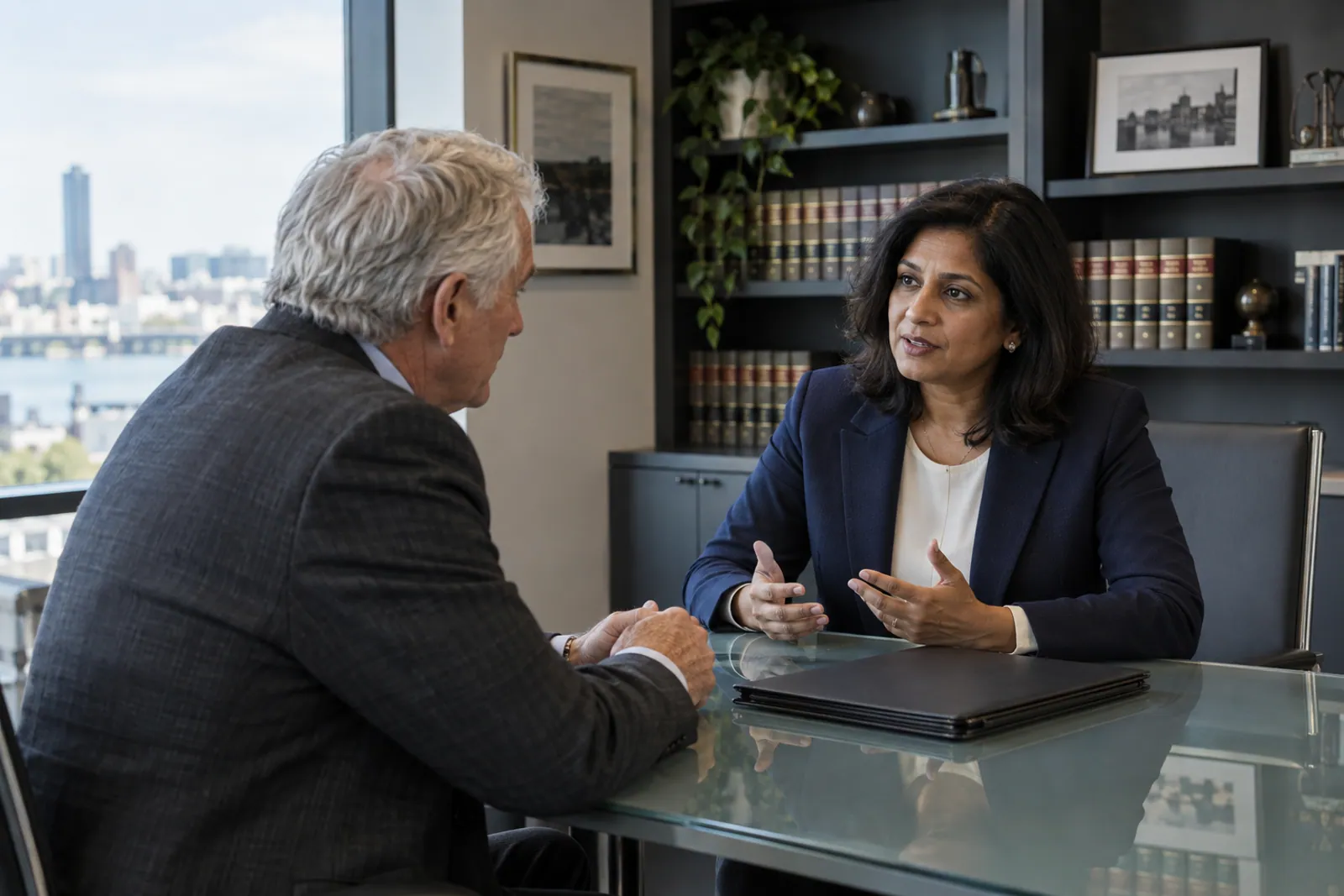 Illustrative scene for Process Serving businesses: A legal professional reviewing case documents in a law office