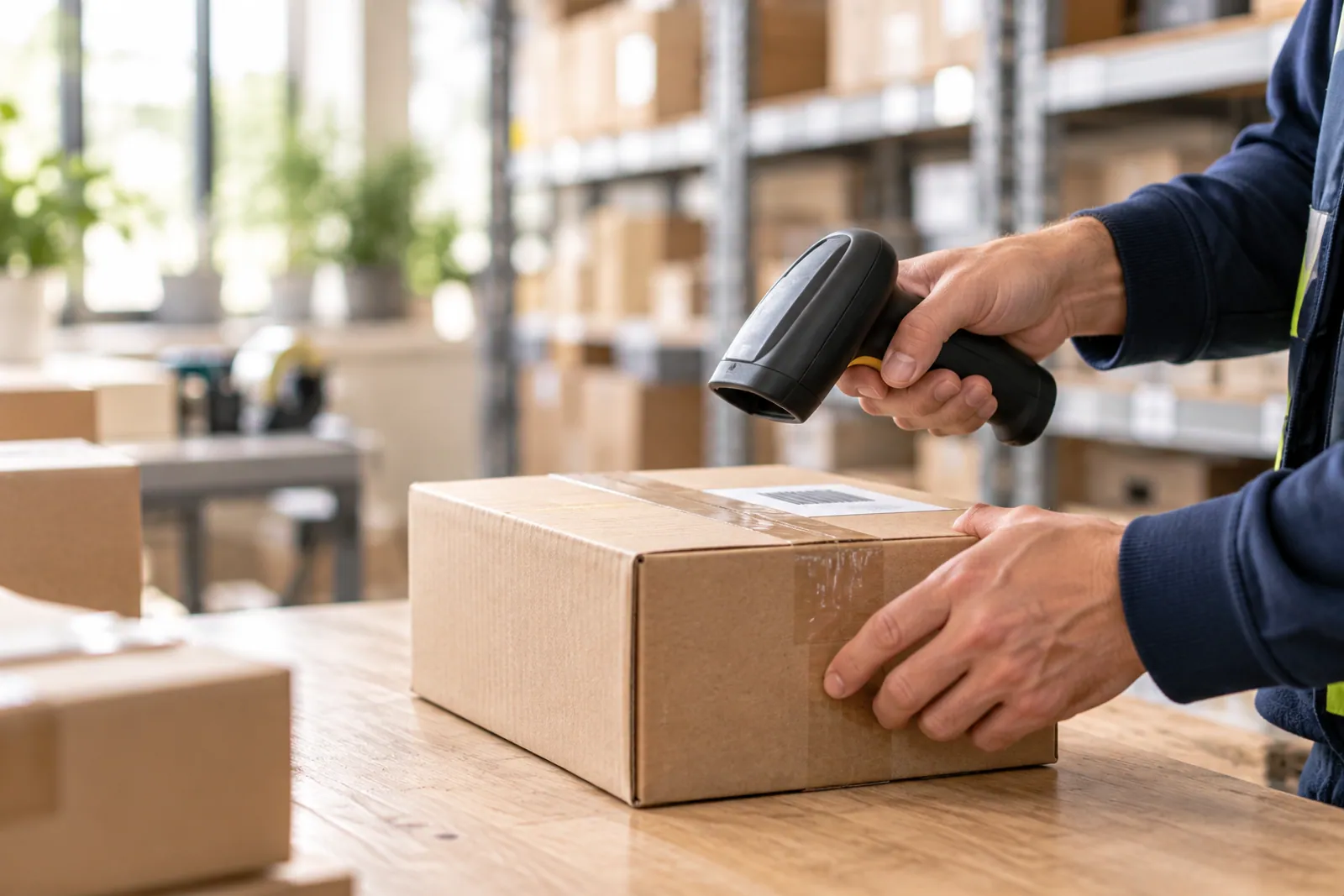 Illustrative scene for Logistics Services businesses: A shipping carton being scanned in a warehouse