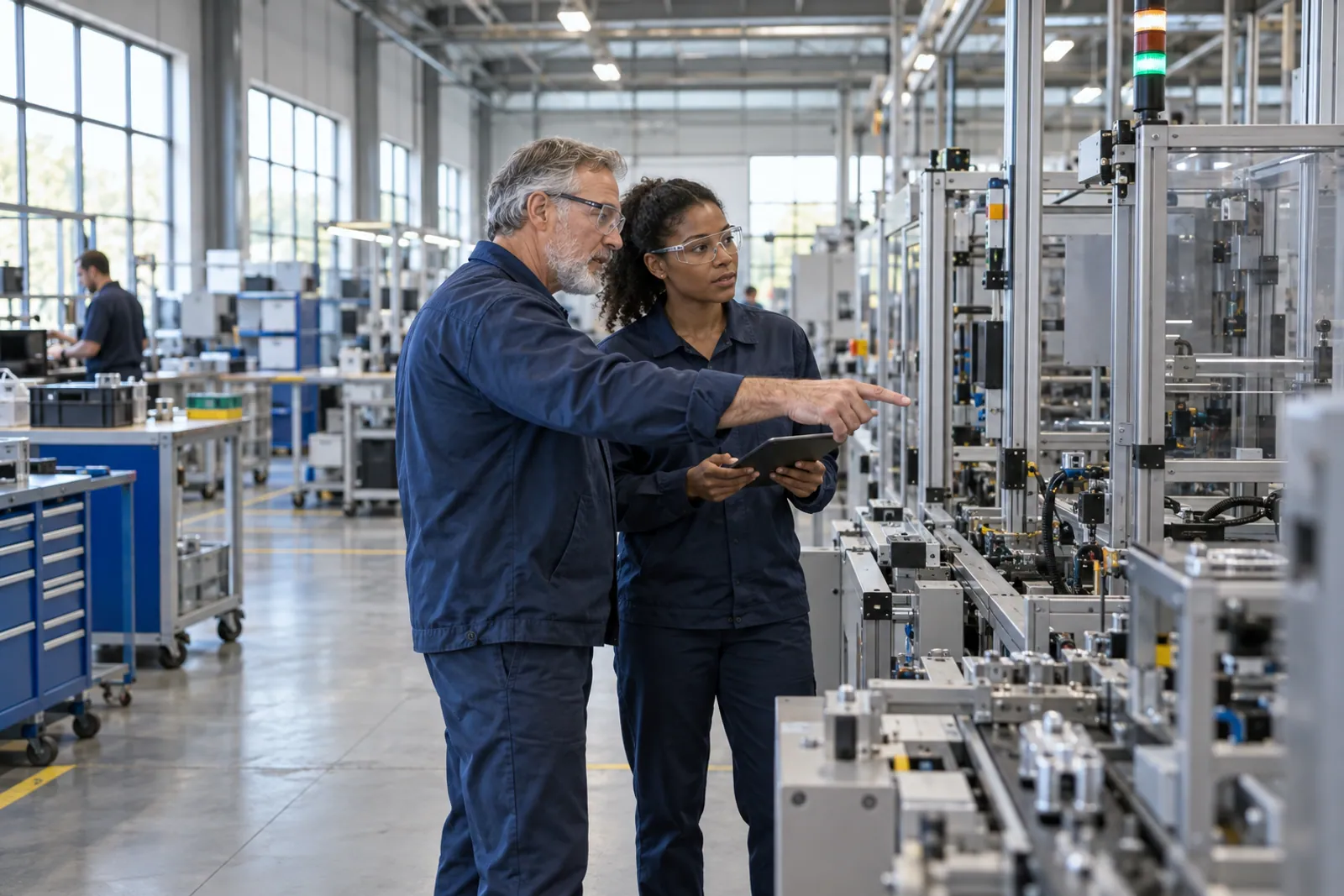 Illustrative scene for Packaging Manufacturing businesses: Workers on a light-manufacturing assembly floor