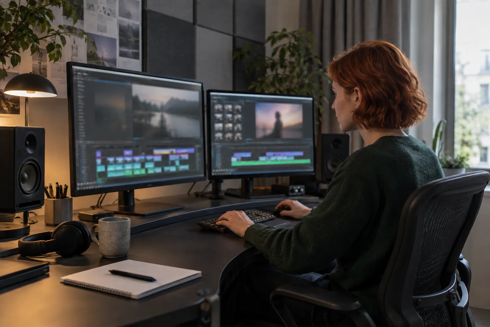 Illustrative scene: A media professional editing a production at a studio workstation
