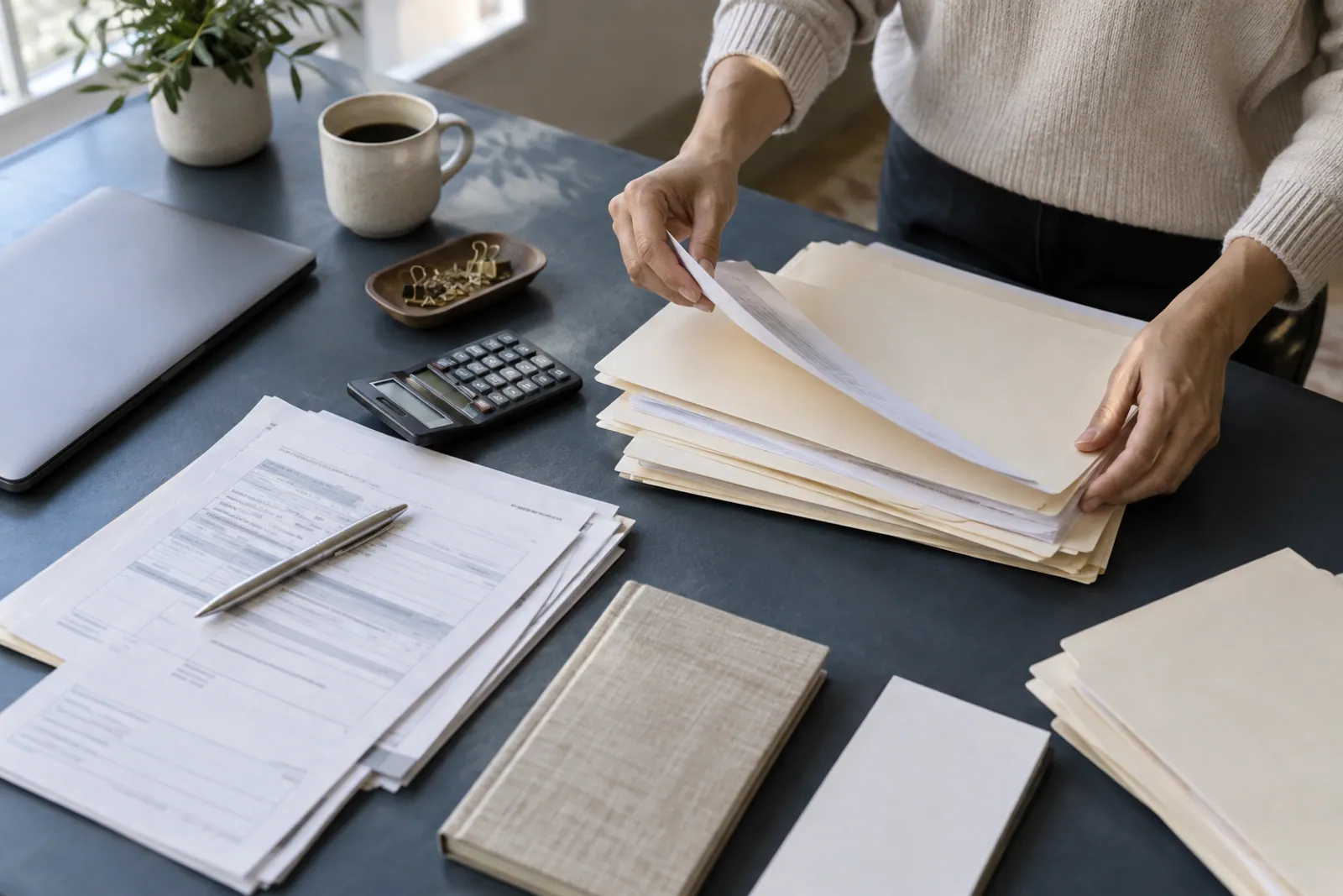 Illustrative application-preparation scene for Bed & Breakfasts: A merchant organizing folders and generic forms on a dark worktable