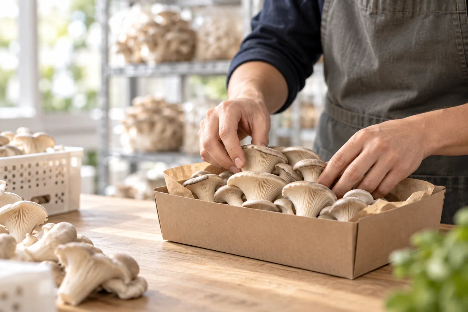Illustrative scene for Gourmet Mushrooms businesses: Cultivated oyster mushrooms being arranged in a produce tray