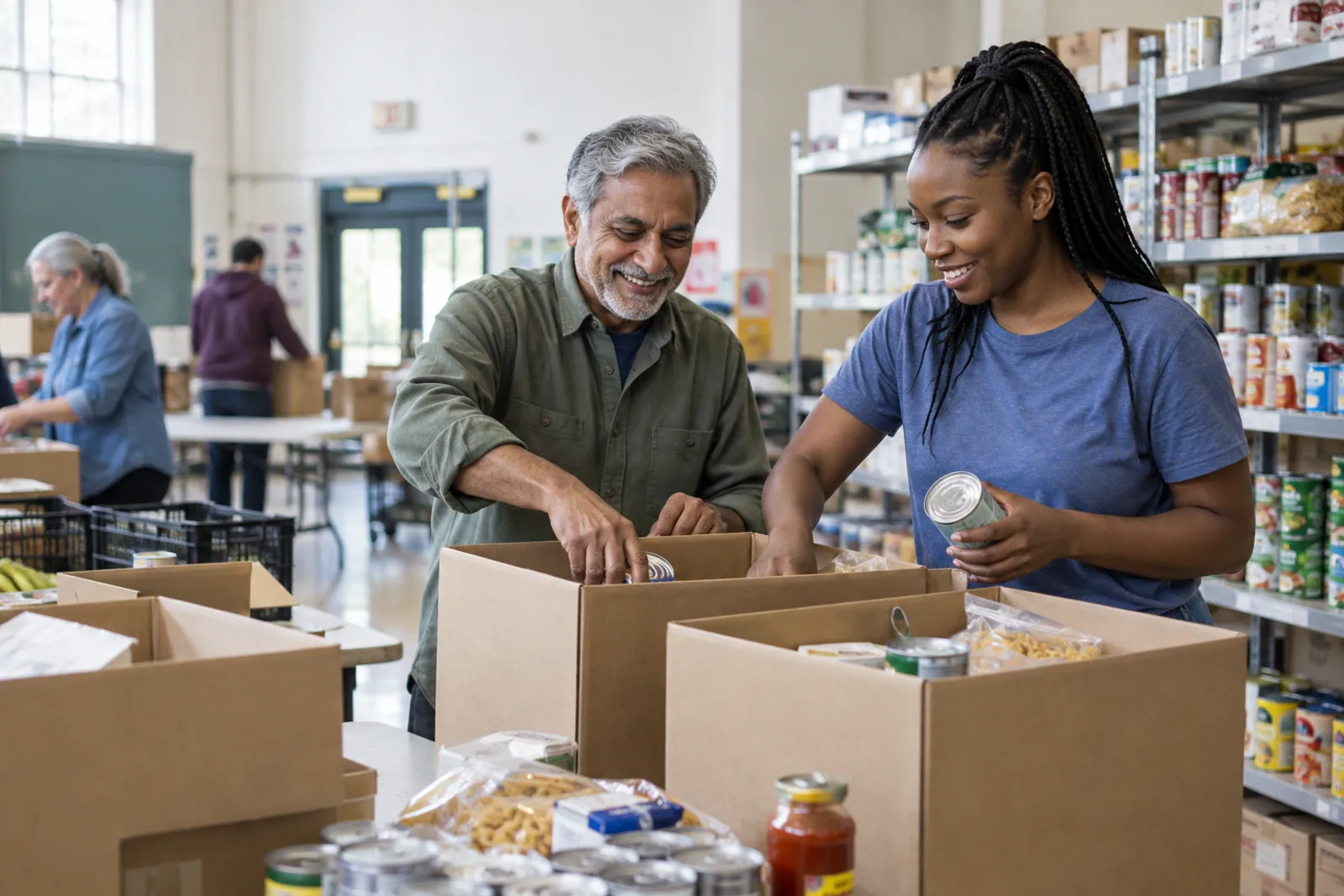 Illustrative scene for Foundations businesses: Community volunteers organizing supplies for a nonprofit program