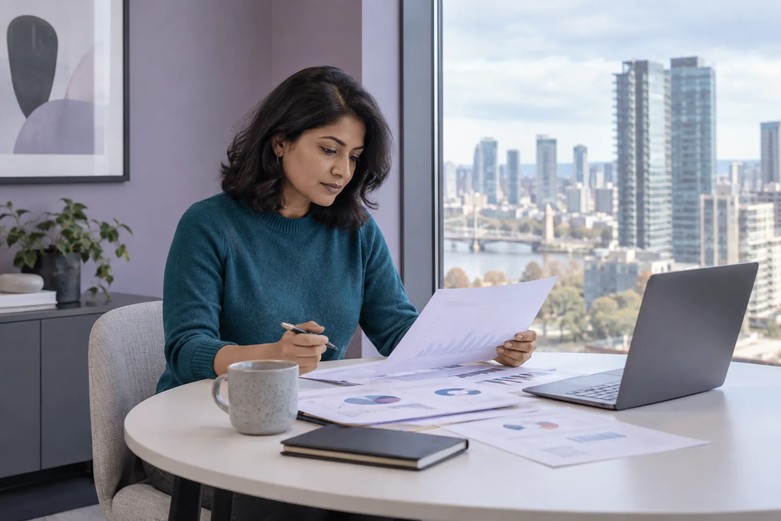Illustrative scene: An analyst studying printed charts beside a large office window
