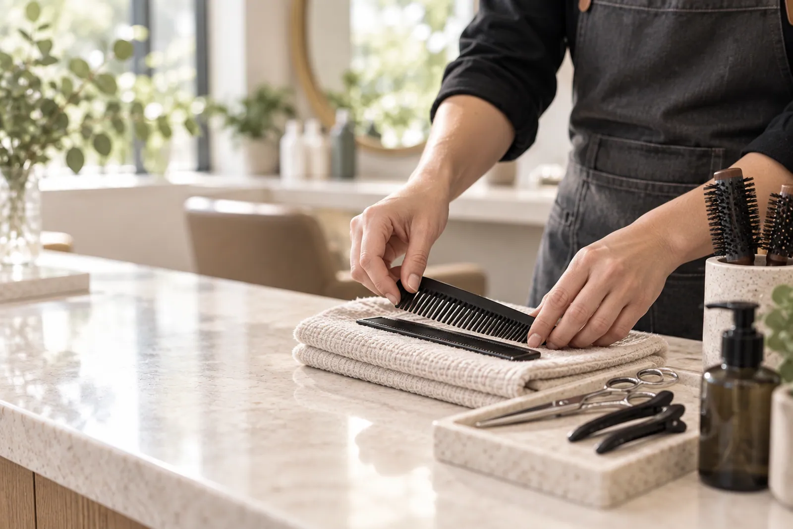 Illustrative scene for Nail Salons businesses: Grooming tools and towels being arranged in a salon