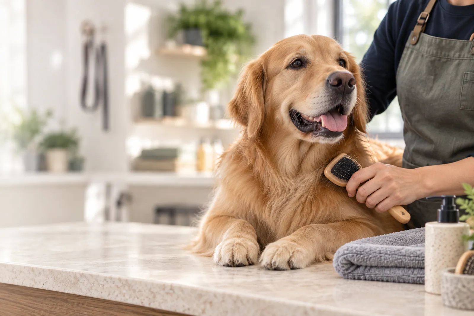 Illustrative scene for Pet Training businesses: A calm dog and a pet-care worker in a grooming setting