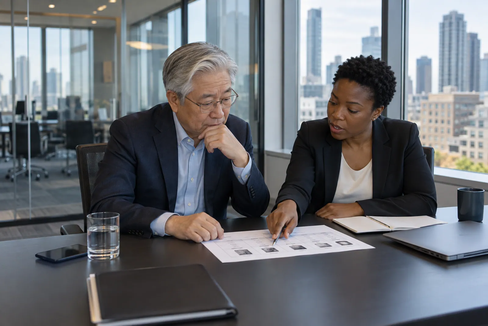 Illustrative scene: Two professionals reviewing paperwork at a conference table in a glass-walled office