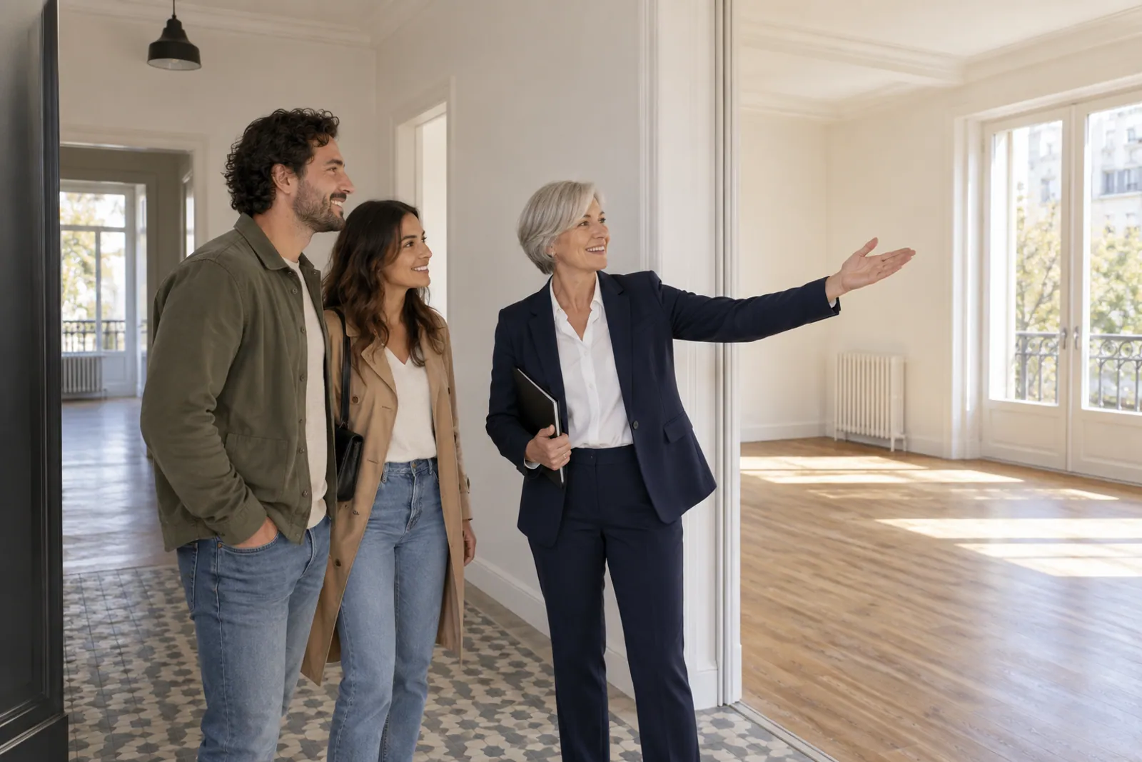 Illustrative scene for REITs businesses: A property professional showing an empty apartment to a couple