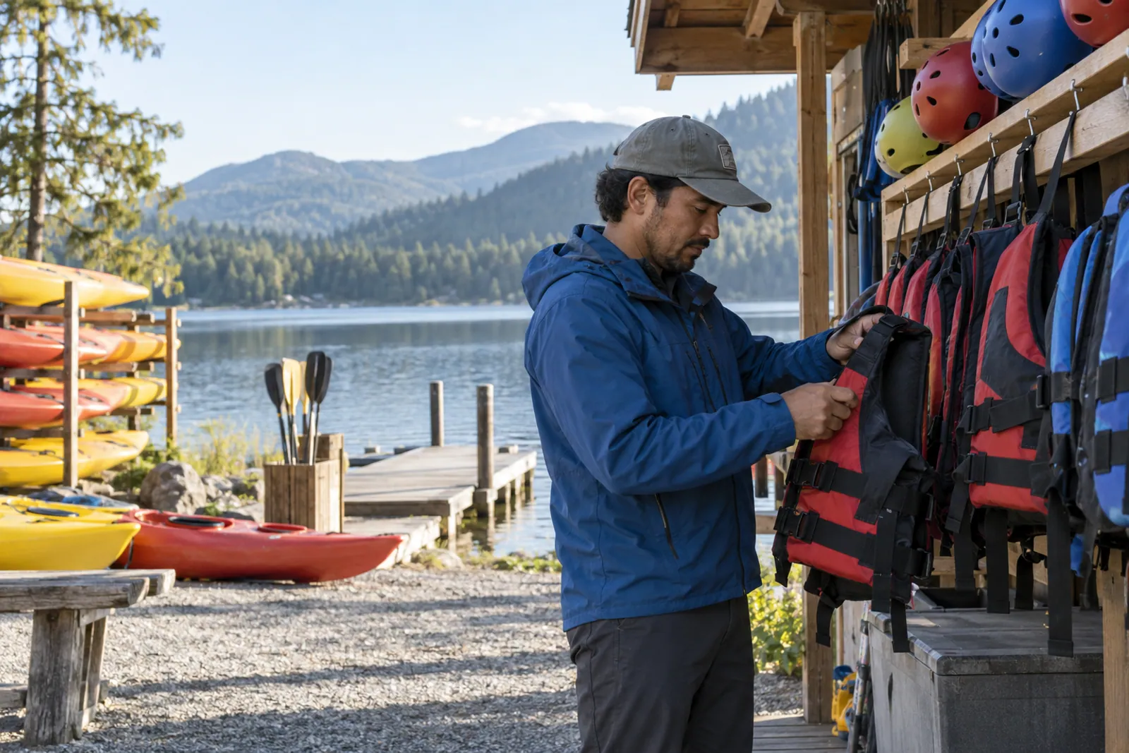 Illustrative scene for Outdoor Recreation businesses: Kayaks and lifejackets being prepared at an outdoor rental station