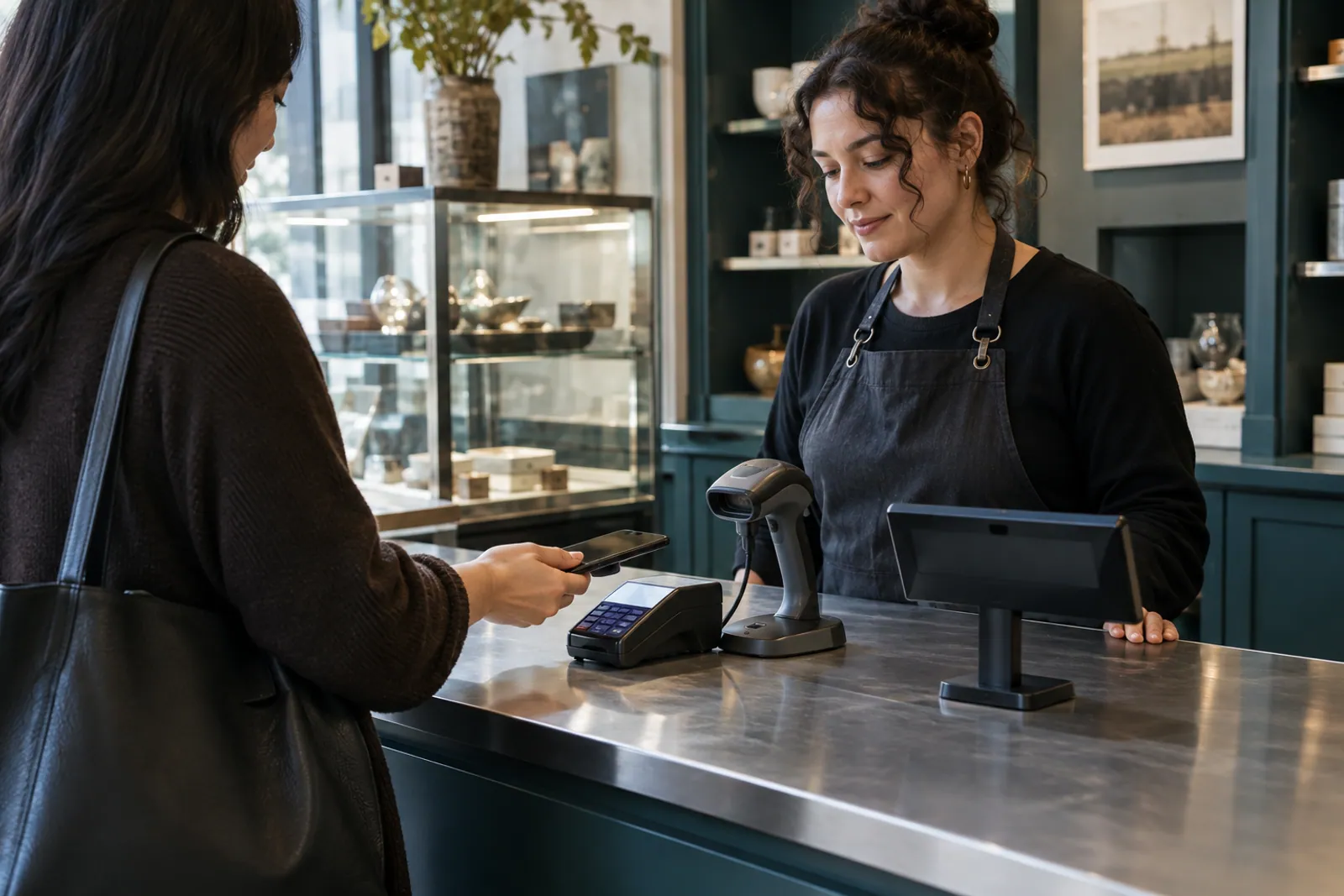Illustrative scene: An unbranded scanner, payment reader, and merchant display on a specialist retail checkout counter