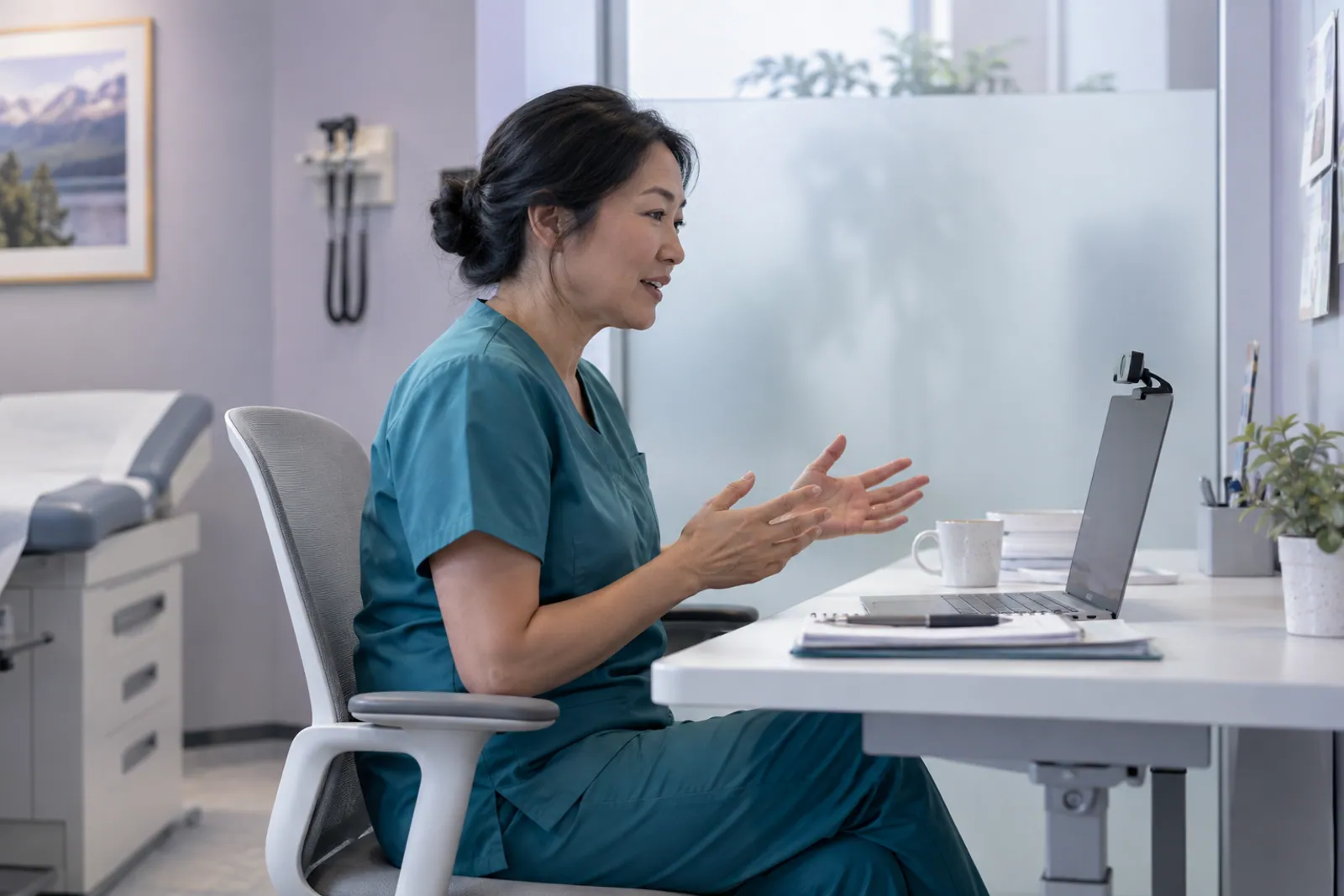 Illustrative scene: A healthcare professional conducting a remote patient consultation