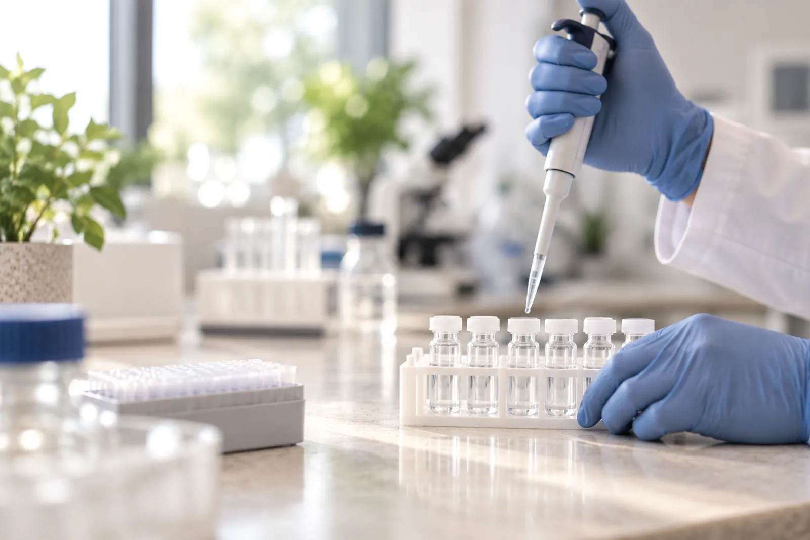 Illustrative scene: A laboratory workspace with research vials and a pipette