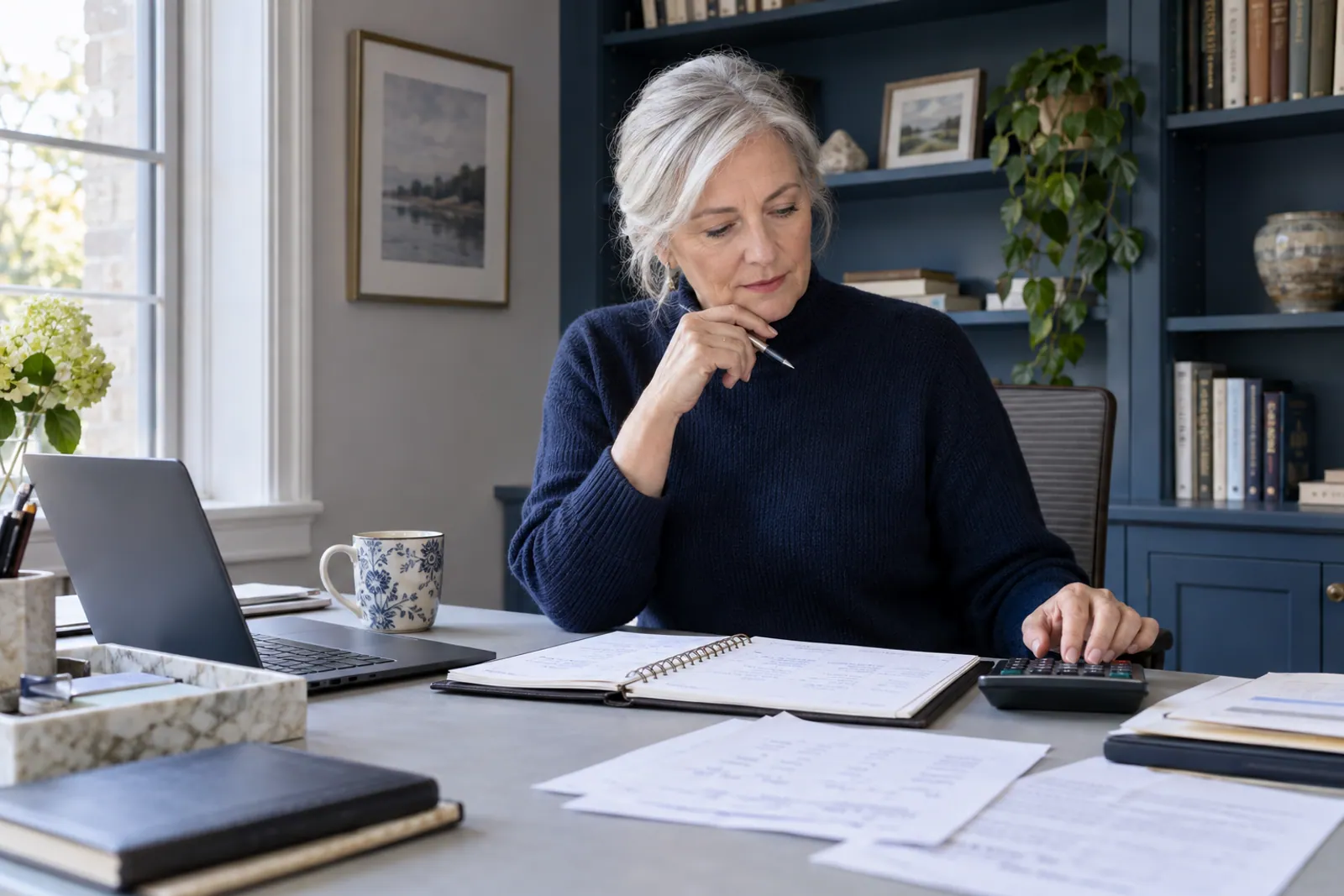 Illustrative scene: A woman using a calculator beside a planner and statement pages in an office