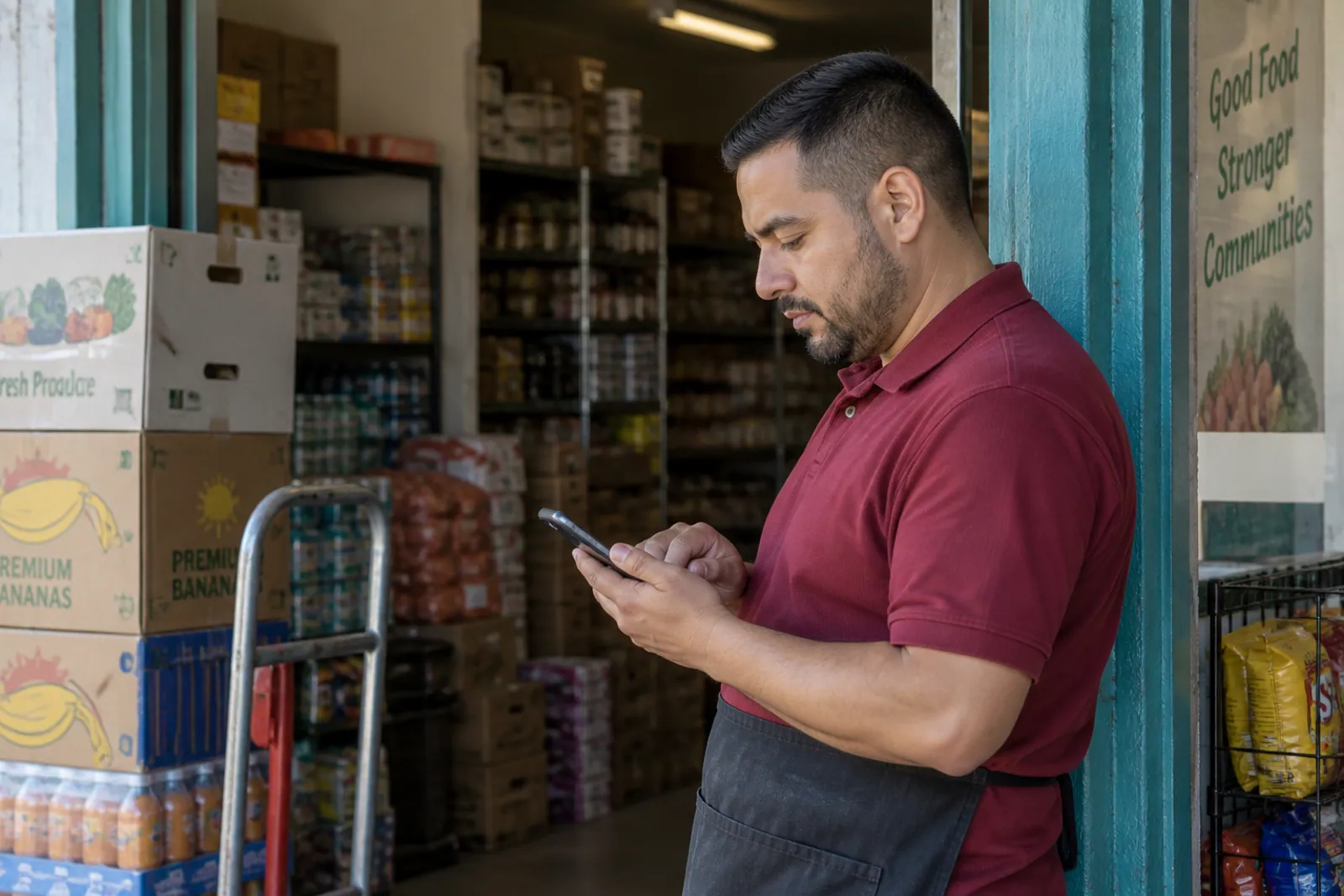 Illustrative scene: A shopkeeper checking a smartphone beside a grocery stockroom doorway